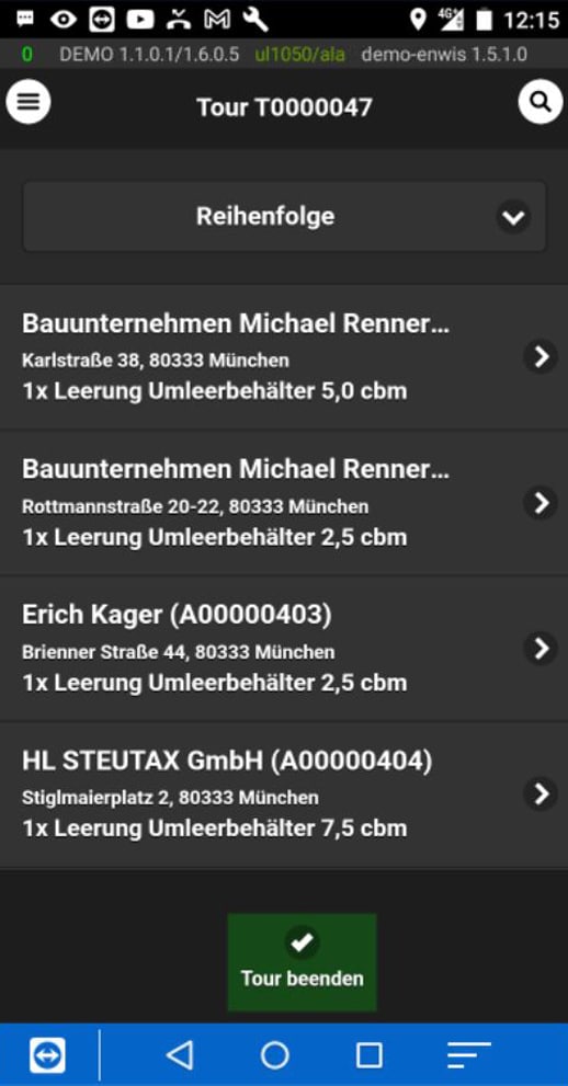 Screenshot der movatix-App mit Tourübersicht und vier geplanten Leerungen von Umleerbehältern.