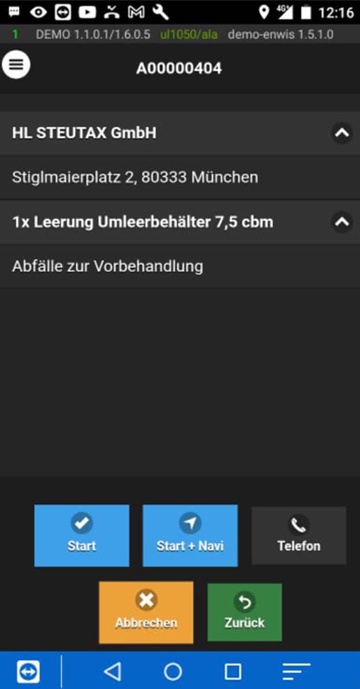Screenshot der movatix-App mit Auftragsübersicht und Navigationsoptionen zur Leerung eines Umleerbehälters.