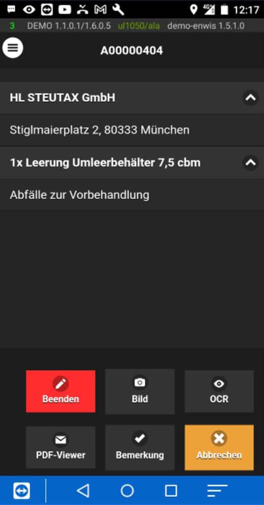 Screenshot der movatix-App mit Auftragsdetails zur Leerung eines Umleerbehälters und Auswahlfunktionen.