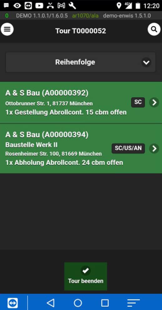 Screenshot einer movatix-App-Tourübersicht mit zwei Abfallaufträgen und Auftragsdetails.