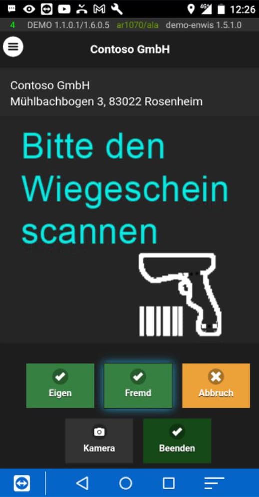 Screenshot einer movatix-App-Oberfläche mit Aufforderung zum Scannen eines Wiegescheins und Auswahloptionen.
